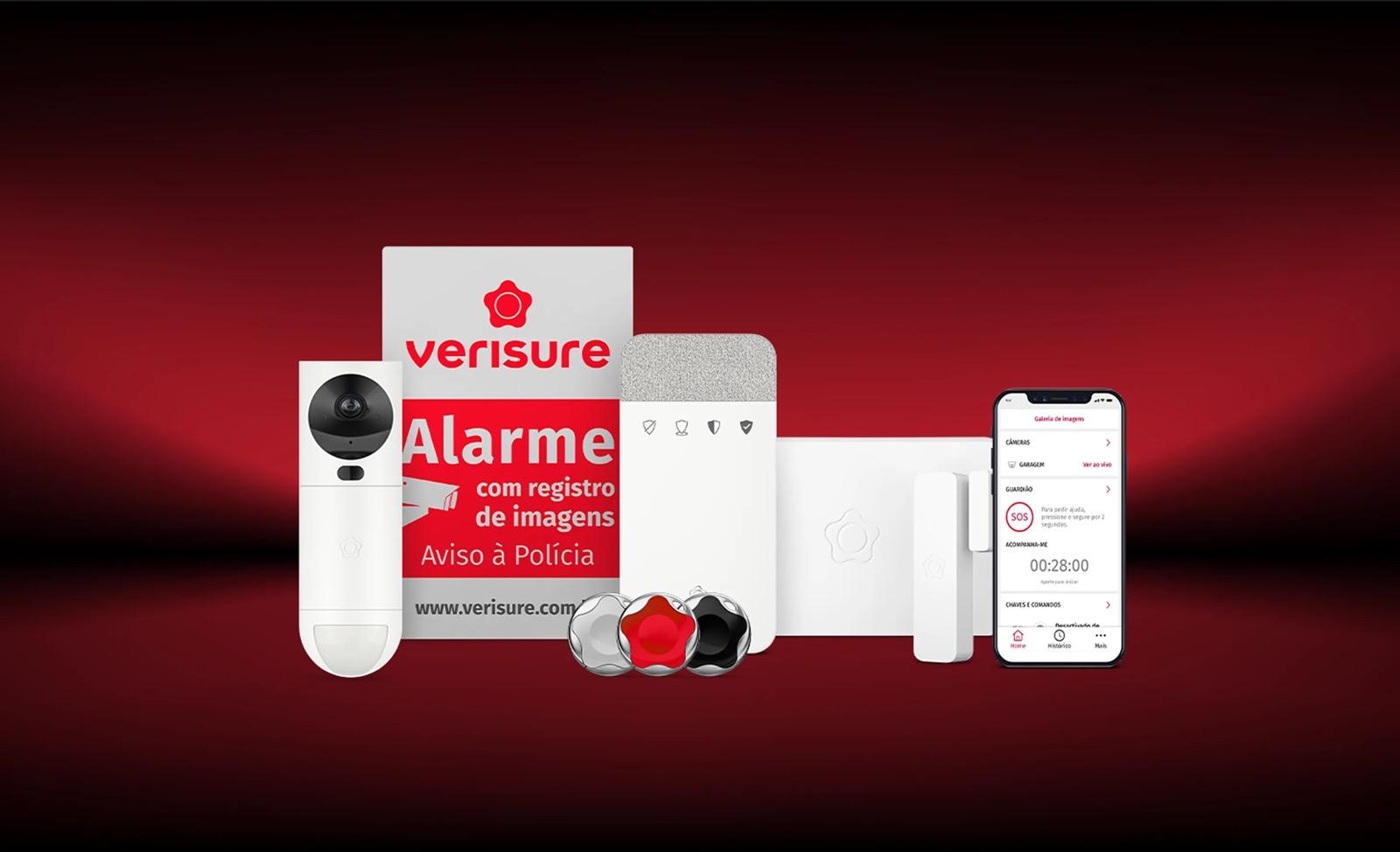 Equipamentos Verisure: videodetector, unidade central, chaves e aplicativo